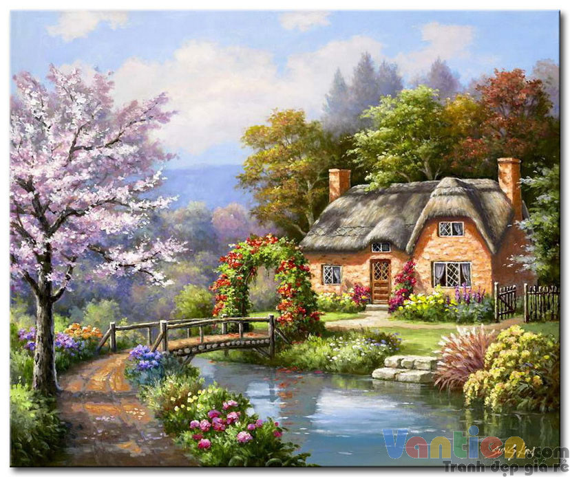 Tranh phong cảnh Ngôi Nhà Bên Dòng Sông M1800 - Tranh vẽ đẹp