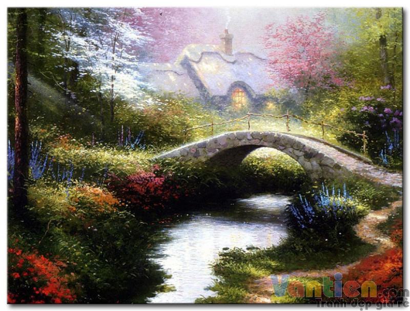 Tranh sơn dầu Cây Cầu Bên Dòng Suối M1894 - Tranh phong cảnh đẹp