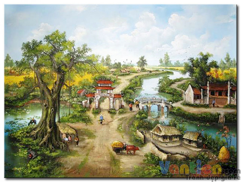Tranh sơn dầu Làng Quê Thanh Bình M2016 - Tranh vẽ đồng quê đẹp