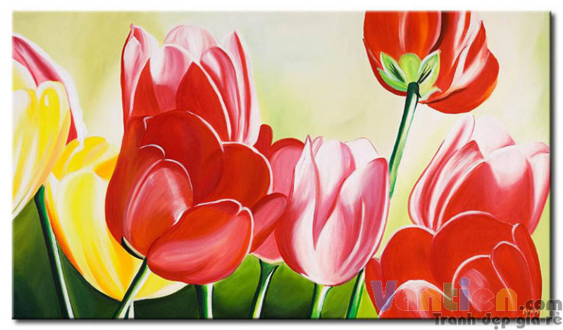 Tranh sơn dầu Tulip Khoe Sắc M1195 - Tranh vẽ hoa Tulip đẹp
