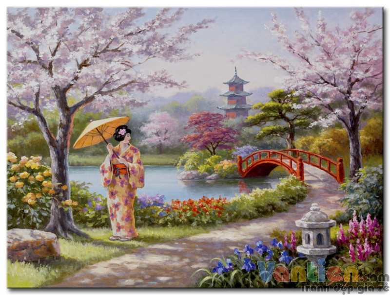 Tranh sơn dầu Vườn Hoa Nhật Bản M1810 - Tranh vẽ đẹp