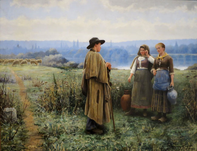 Bức tranh Giờ giải lao (Daniel Ridgway Knight) - màu sắc trung tính cùng cách vẽ di cọ gợi không khí trong lành của miền quê yên bình