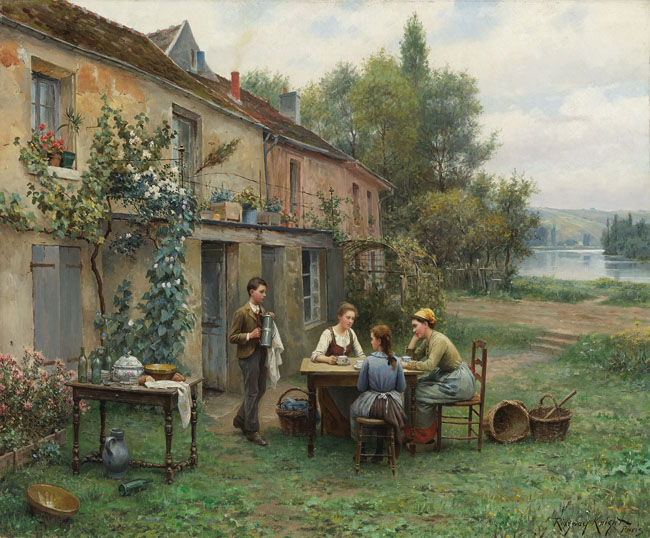 Bức tranh Cafe trong vườn (Daniel Ridgway Knight) đã tái hiện khung cảnh trong lành của buổi sáng thôn quê